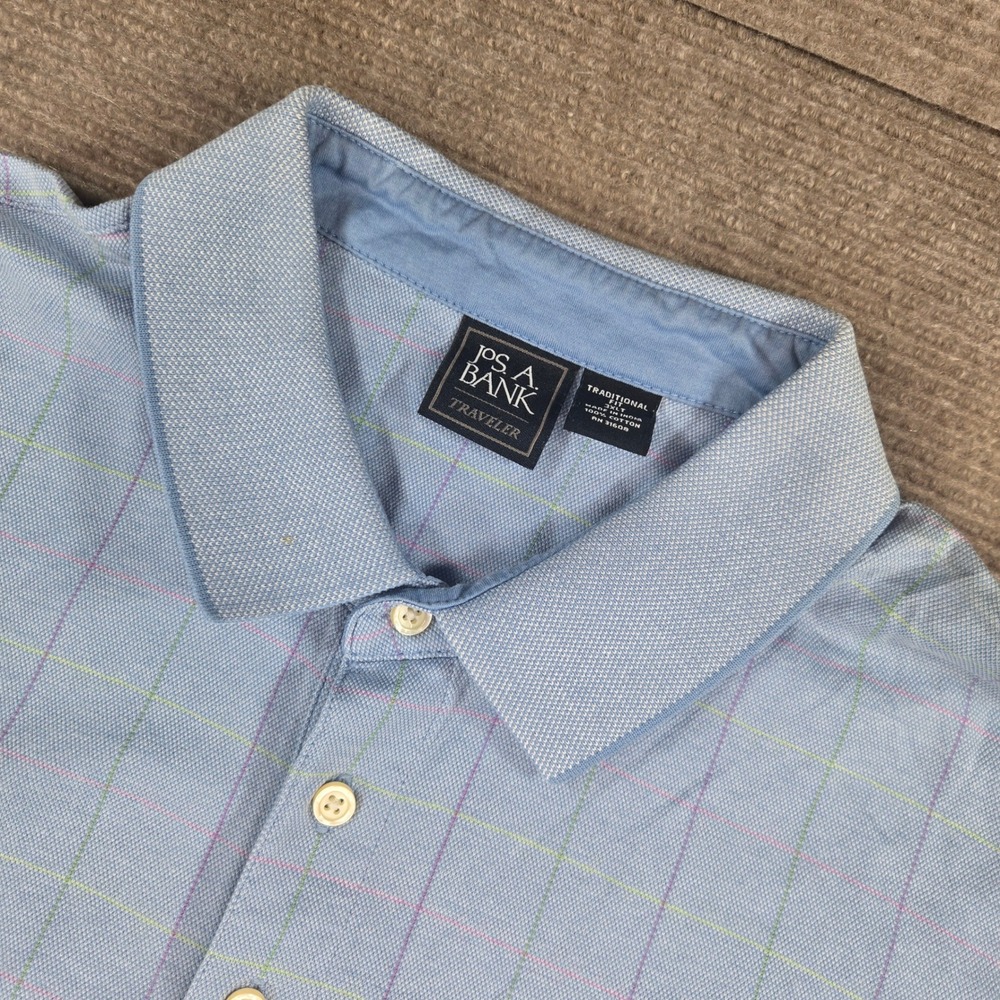 Jos. A. Bank Mens 3XLT Blue Grid Traveler Pique Cotton Polo Shirt